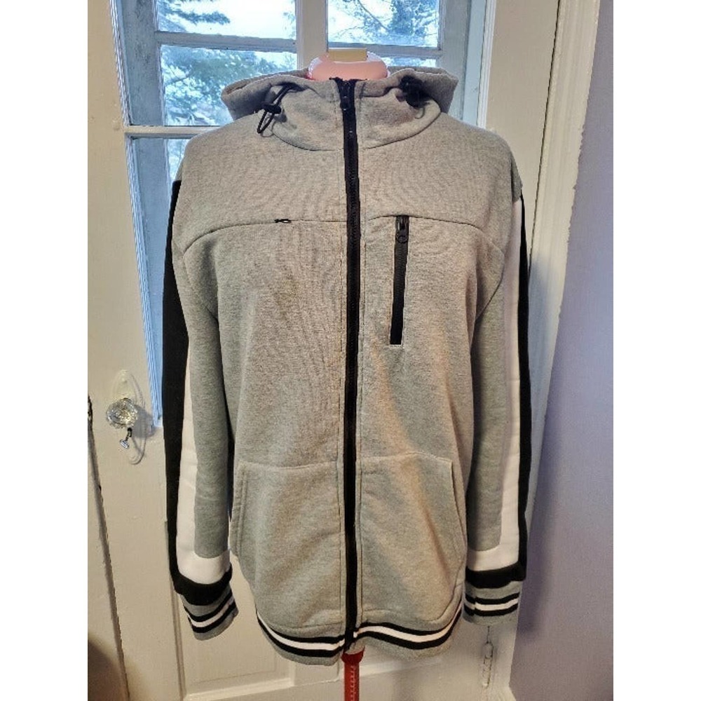 Grey Hooded Zip-up Sweatshirt with black and white stripe detailing, size XL